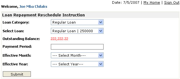 Loan Repayment Reschedule Form